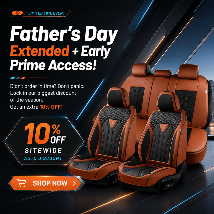 Promotional image for Father's Day extended and early Prime Access with car seat covers and discount text.