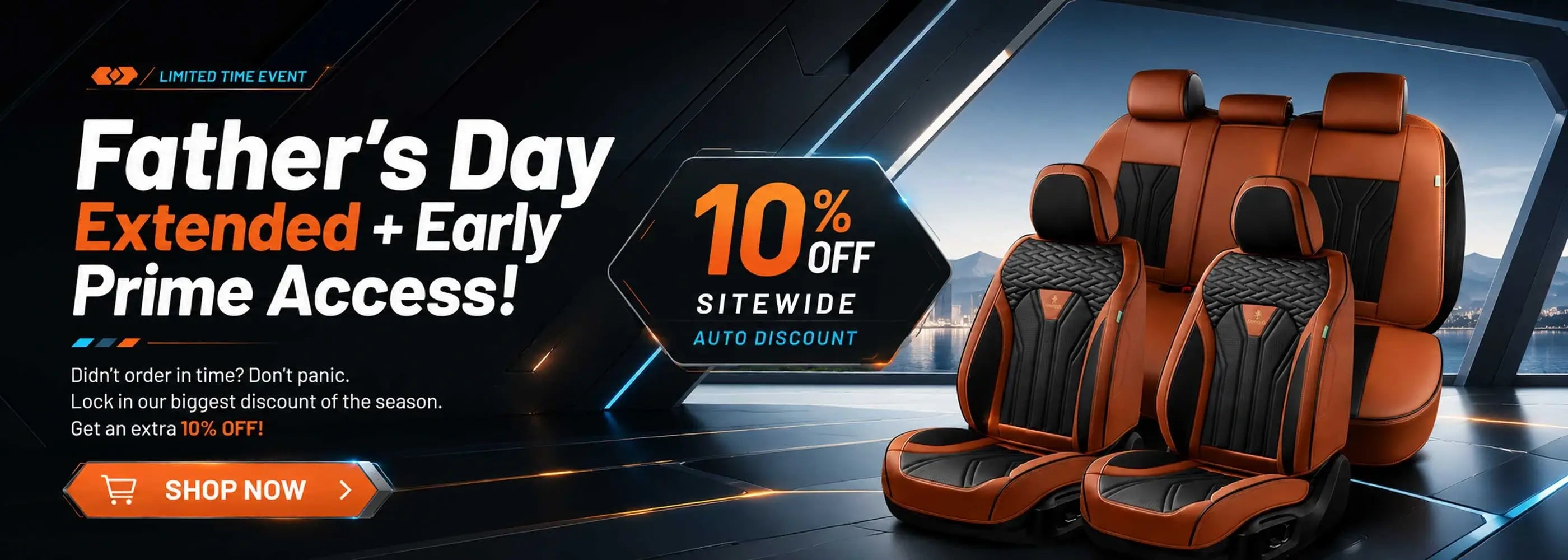 Promotional banner for Father's Day extended and early Prime Access with car seat discount offer.